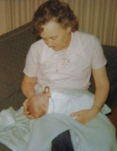 Grandma meeting me in 1974. This is possibly the first photo of us together.